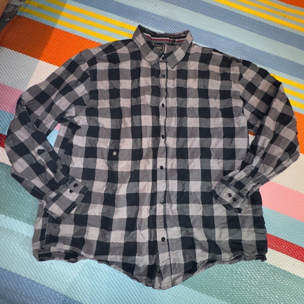 Six Lincoln Navy Blue Gray Checkered Button-Up Shirt‎ Men Size 3X-Large